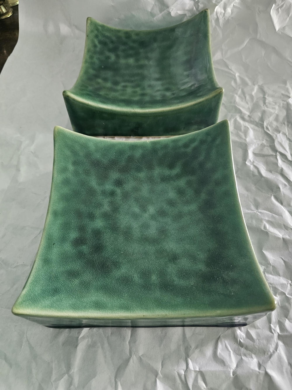 Mid-century Green Square Ceramic Bowls/Dishes Set of 2, Glossy Finish
